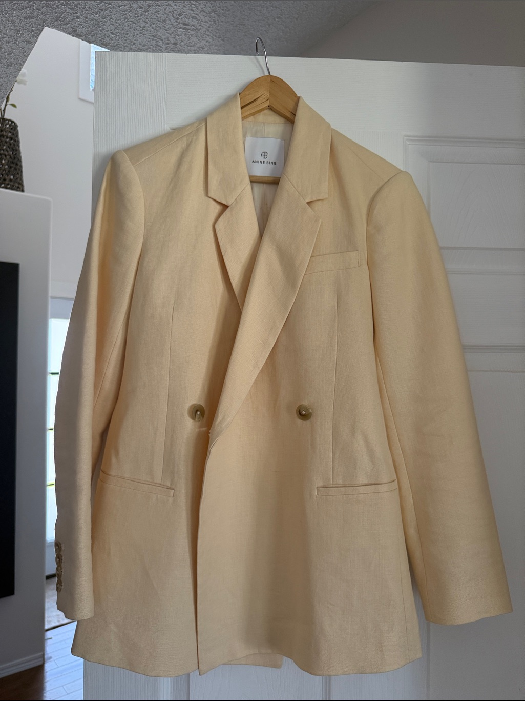 Anine Bing Kaia Double Breasted Butter Yellow Linen Blazer